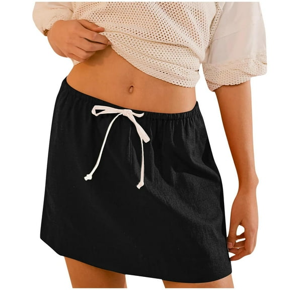 Mini Skirts for Women Summer Casual Drawstring Elastic Waist a Line Lightweight Short Skirt with Pockets Midi Skirt with Pockets Black XL