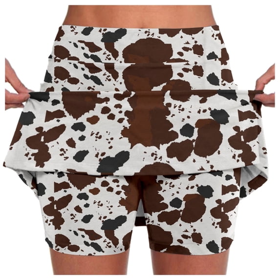 Mini Skirts for Women with Built In Shorts Cow Print Flowy A Line Skirt Spring Summer Comfortable Stretchy Waist Soft White L