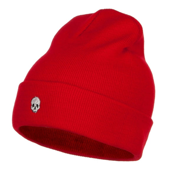Mini Skull Embroidered Long Beanie - Red OSFM