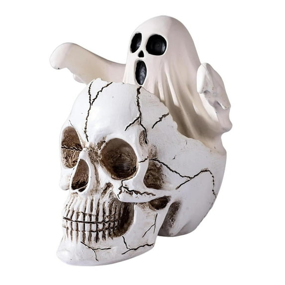 Mini Skull Head with Ghost Figurine Cute Halloween Decor, Spooky Skeleton Head Ghost Figure Gifts For Gothic Small Halloween Figurines Porch Indoor Office Desk Tabletop Mantel Decoration Party