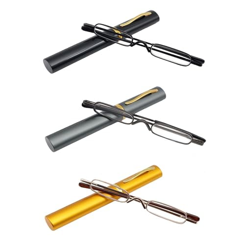 Mini Slim Pen Reading Glasses with Portable Clip Case Small Pocket Readers Men Women (3 pairs,1.