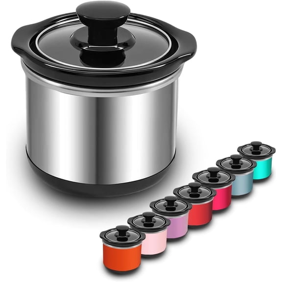 Mini Slow Cooker, 0.65 Qt Capacity small slow cooker, Ceramic Pot, Nutrient Loss Reduction, For Sauces, Stews & Dips, Round (stainless s)