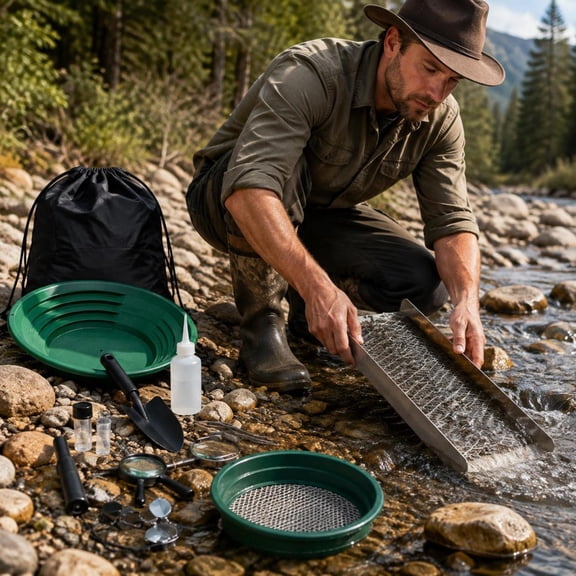 Mini Sluice Box Gold Panning Kit, 12 Inch Aluminum Alloy, 16 Pcs Gold Prospecting Kit, Model SL-12T