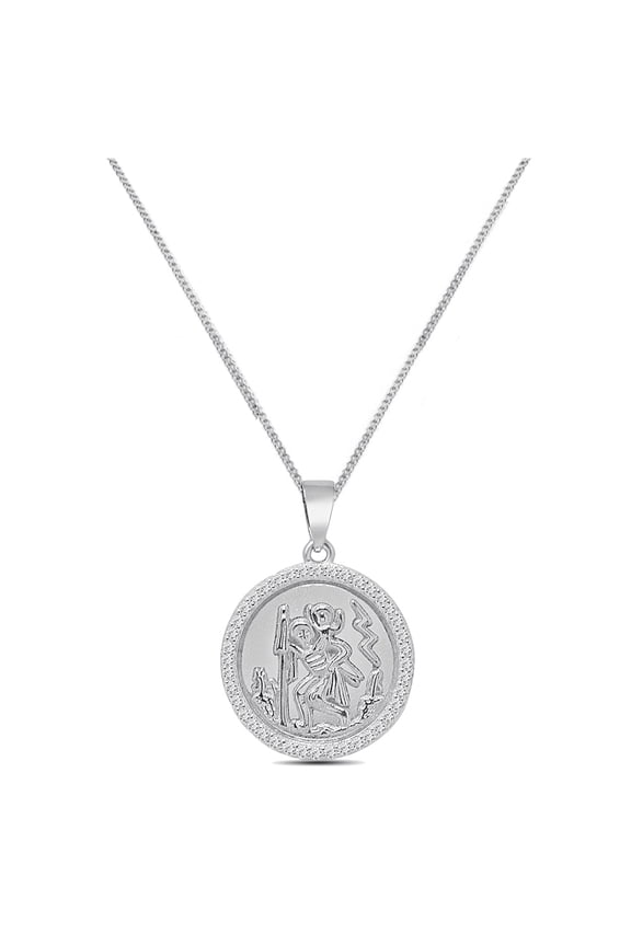 Mini Small 1.00'' Real Genuine Sterling Silver Simulated Diamond Patron Saint Christopher Round Bezel Charm Pendant Chain Neckless Unisex
