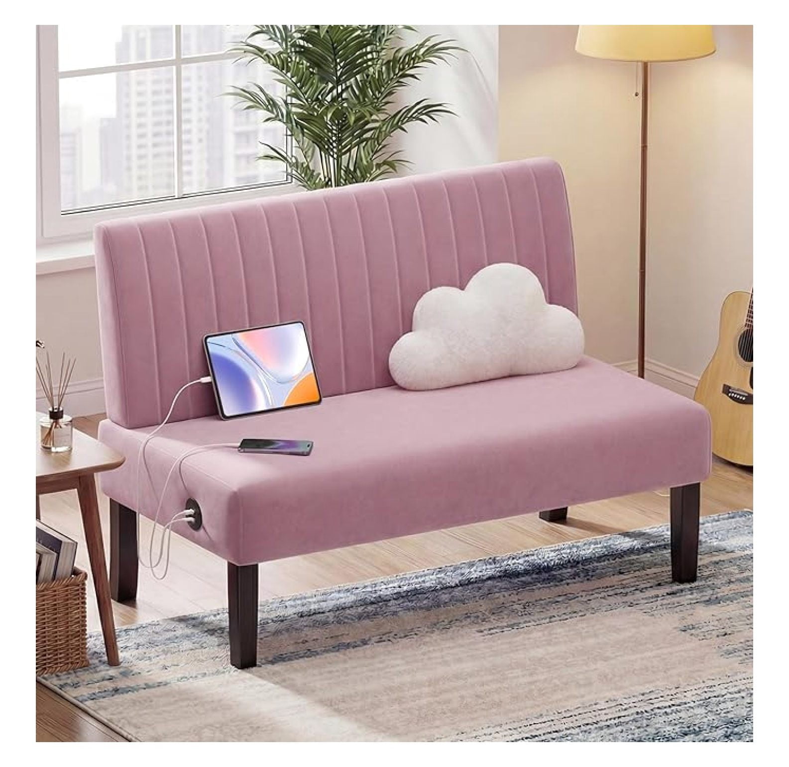 Mini Small Comfy Couch Armless Loveseat Sofa for Bedroom with USB Port ...