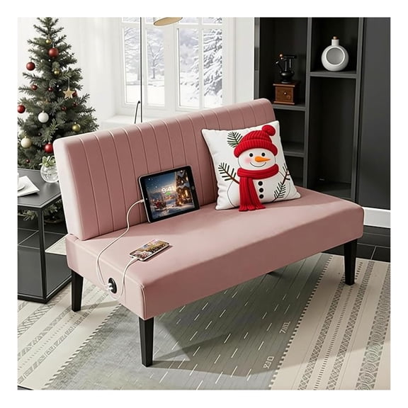 Mini Small Comfy Couch Armless Loveseat Sofa for Bedroom with USB Port, Couches for Small Spaces Living Room, Apartment Office Dorm (Pink)