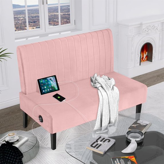 Mini Small Comfy Couch Armless Loveseat Sofa with USB Ports, Velvet Sofa for Small Spaces - Pink