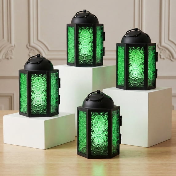 Mini Small Decorative Moroccan Candle Lantern Holders for Hanging, Indoor Home Decor, Outdoor Patio, Weddings, Green, 4pk