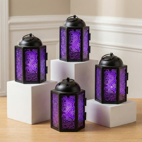 Mini Small Decorative Moroccan Candle Lantern Holders for Hanging, Indoor Home Decor, Outdoor Patio, Weddings, Purple, 4pk