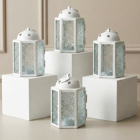Mini Small Decorative Moroccan Candle Lantern Holders for Hanging, Indoor Home Decor, Outdoor Patio, Weddings, White, 4pk