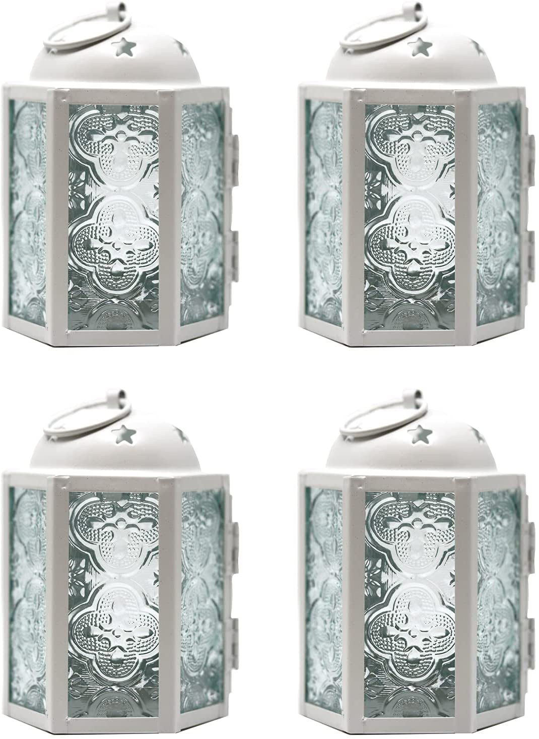 White Moroccan Iron and Glass Mini Candle Lanterns, 4-Pack