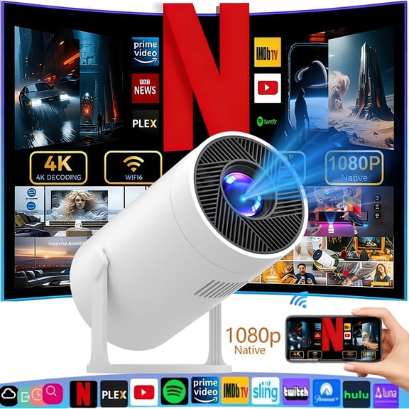 Mini Smart Projector · Native 1080P Support for 4K - Android 11+ | WiFi6 + Bluetooth 5.3 · 180° Rotation · Multi-device Compatibility · Suitable for IOS/Android/TV Stick/USB/Laptop And Other Devices.