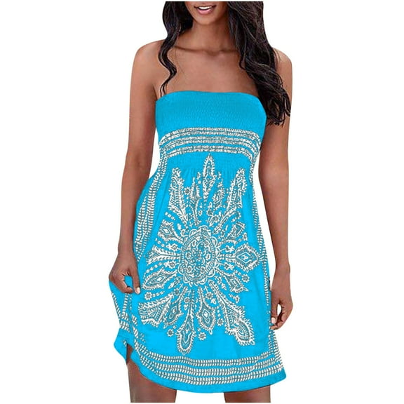 Boho Dress for Women, Mini Smocked Dress for Women Strapless Summer Dresses Beach Cover Up Floral Printed Bohemian Swing A-line Sundress