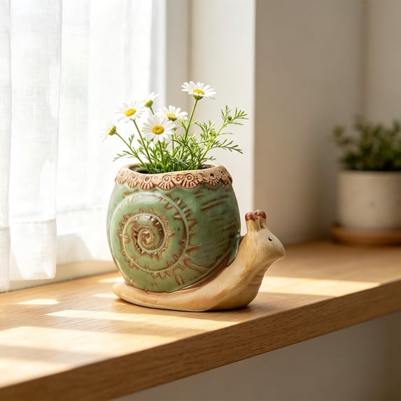 Mini Snails Ceramic Flowerpot Set | 1-Piece Small Succulents Planter with Drainage Hole | Cute Desktop Plants Pot Decor for Indoor Home Office Shelf