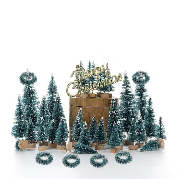 Mini Snow Frost Pine Trees Set with Wood Base Sisal Yarn Artificial Miniature Xmas Tree for Home Party Table Decoration