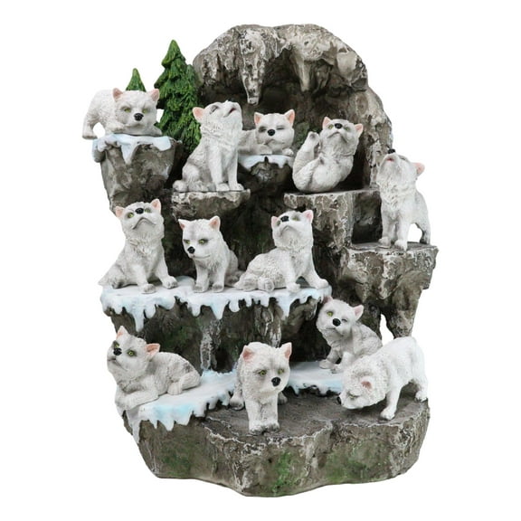 Mini Snow Wolf Pups On Wolf Den Rocky Cave Lair Display Stand Figurines Set