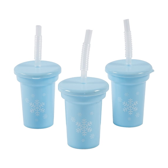 Mini Snowflake Cups with Lids & Straws, Party Supplies, Winter, 12 Pieces