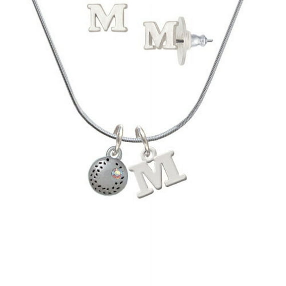 Mini Softball/Baseball with AB Crystal - M Initial Charm Necklace and Stud Earrings Jewelry Set