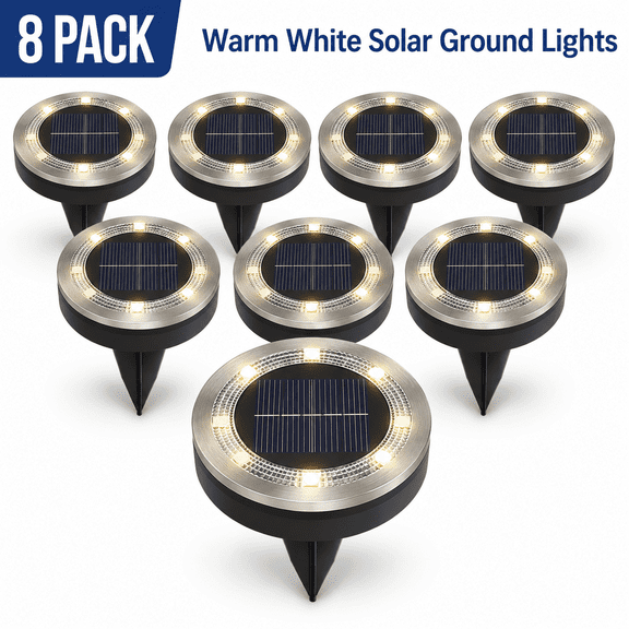 Mini Solar Ground Lights, 8 Pack 2.2 Inch Solar Powered Pathway Lights, Stainless Steel Waterproof, Landscape Lighting for Pathway, Garden, Backyard, Patio, Warm White