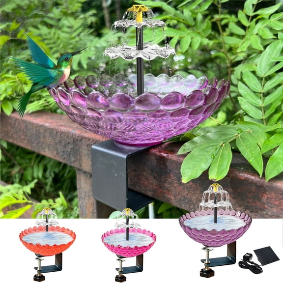 Mini Solar Powered Bird Bath Fountain, Auto Circulating Water System, Weather Resistant Durable Basin, Quiet Water Feature for Backyard Courtyard Garden Landscape Decor, Purple
