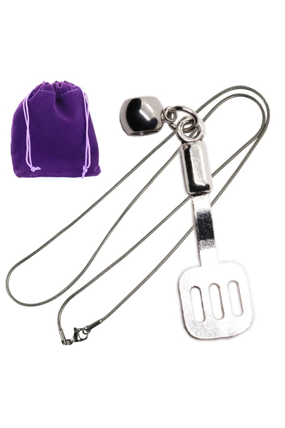 Mini Spatula Pendant Necklace for Kitchen Lovers, Silver Tone Jewelry Gift with Bead Charm and Purple Pouch, Cute Kitchen Utensils Accessory for Foodie or Baker