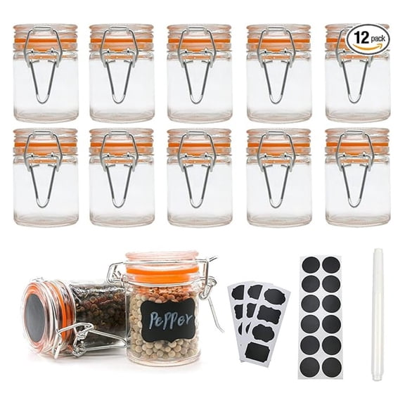 Mini Spice Jars 1.7oz with Labels - 12 Pack Glass Jars with Airtight Lids - Small Stash Containers for Seasoning, Tea, Herbs & DIY Projects