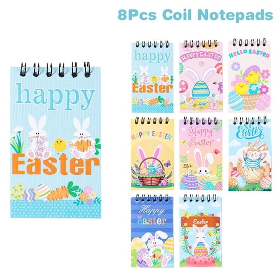 Mini Spirals Easter Notepads Bulk Set Of 8, Cartoon Happy Easter Bunny & Eggs Theme Colorful Cute Small Cartoon Coil Book &Notepads Memo Pad for Party Gifts Exchange,Classroom Gifts Supplies