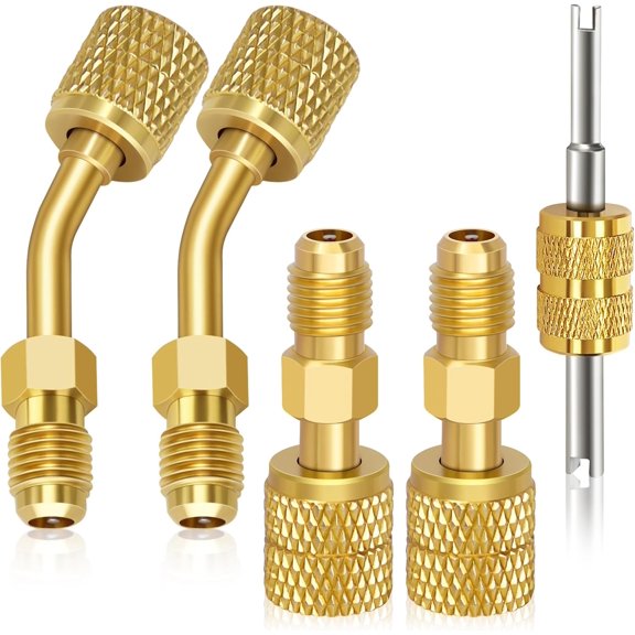Mini Split Adapter, R410a Adapter Straight & Angled Charging Vacuum Port Adapter, 5/16'' Female to 1/4''SAE Male R410 Fitting with Valve Core Tool, for Air Conditioner Refrigeration Service
