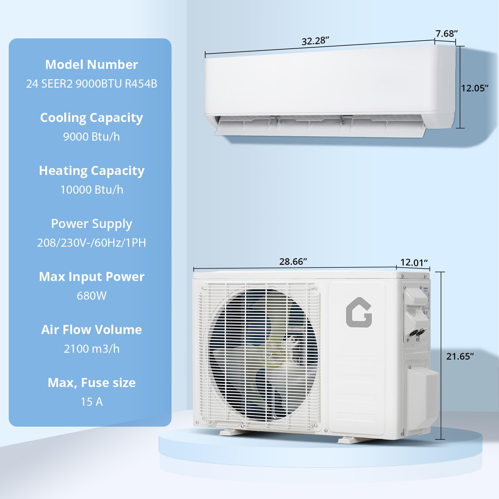 Mini Split Air Conditioner Heat Pump, 9000 BTU Mini Split AC 24