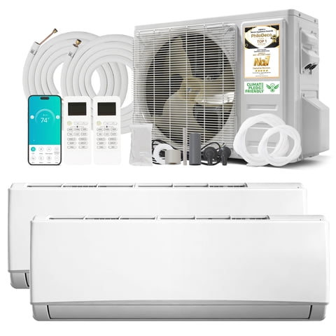 PhiloDeco 2 Zone 12000 + 12000 BTU Wi-Fi Mini Split Air Conditioning/Heating System, 20 SEER Ductless AC 18000 BTU Split Air Conditioner with Pre-Charged Condenser, Heat Pump & 25Ft Line Set 208-230V