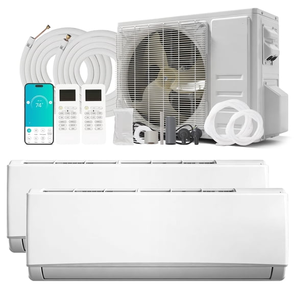 PhiloDeco 2 Zone 12000 + 12000 BTU Wi-Fi Mini Split Air Conditioning/Heating System, 20 SEER Ductless AC 18000 BTU Split Air Conditioner with Pre-Charged Condenser, Heat Pump & 25Ft Line Set 208-230V