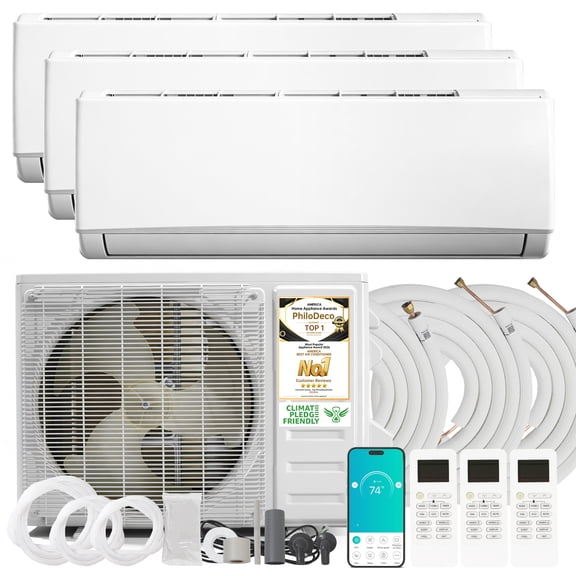PHILODECO 3 Zone 12000+18000+18000 BTU Wi-Fi Mini Split AC/Heating System,20 SEER2 Ductless AC,36000 BTU Split Air Conditioner with Pre-Charged Condenser, Heat Pump & 25Ft Line Set, 208-230V