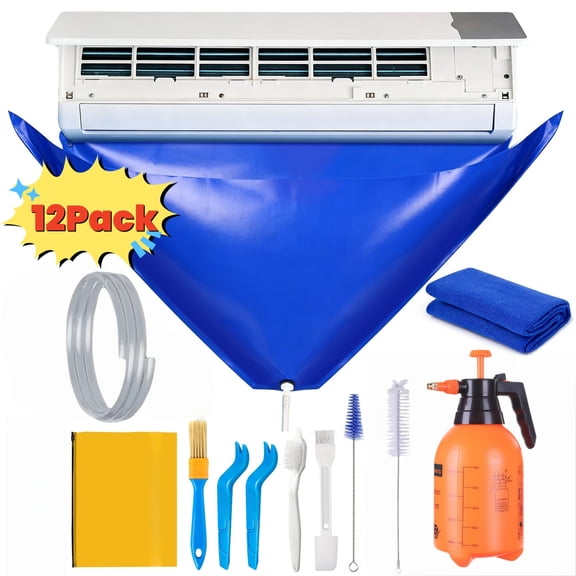Mini Split Cleaning Kit Bag with 2L High Pressure Sprayer, 12Pcs Professional Air Conditioner Cleaning Kit with Waterproof PVC AC Cleaning Cover Bib, HVAC Cleaning Tools (Large)