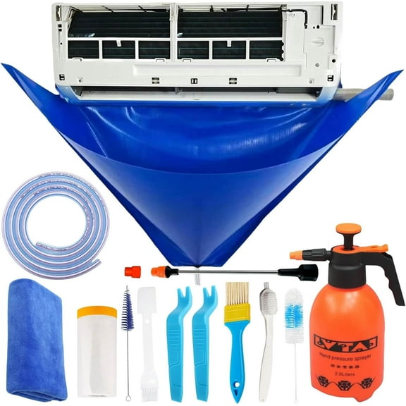 Mini Split Cleaning Kit Bag with 2L High Pressure Sprayer, Air Conditioner Cleaning Kit with Waterproof PVC AC Cleaning Cover Bib with HVAC Cleaning Tools, Large