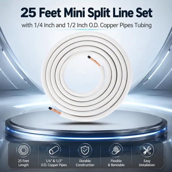 Mini Split Line Set, 25 Ft, 1/4 in and 1/2 in O.D. Copper Pipes, 3-Layer Insulation