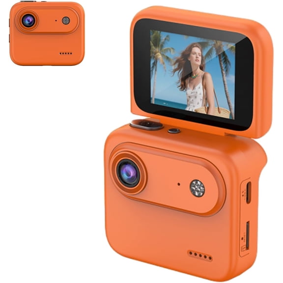 Mini Sports Camera, 4K Ultra Clear Recording VLOG Recorder with Flip Screen, 143 ° Wide-Angle, Anti-Shake Stabilization, Tiny Action Cam for Travel & Content Creators (Orange)