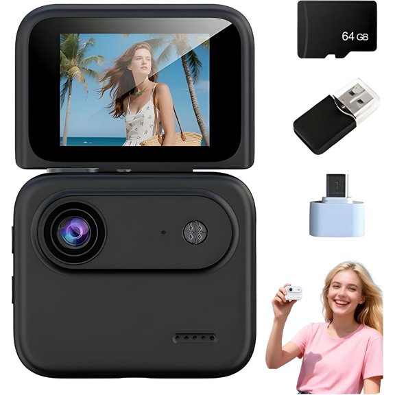 Mini Sports Camera 4K Ultra Clear Recording Vlog Recorder Flip Screen Anti Shake 143 Wide-Angle Student Travel Cameras Portable (64G+Card Reader, Black)