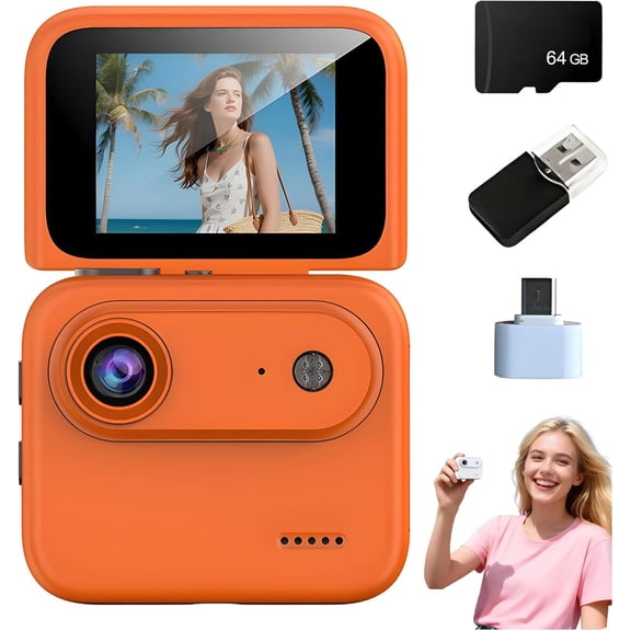 Mini Sports Camera 4K Ultra Clear Recording Vlog Recorder Flip Screen Anti Shake 143 Wide-Angle Student Travel Cameras Portable (64G+Card Reader, Orange)