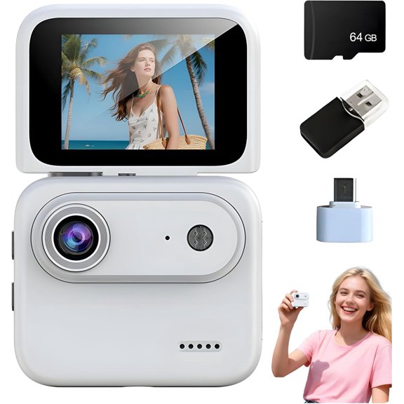 Mini Sports Camera 4K Ultra Clear Recording Vlog Recorder Flip Screen Anti Shake 143 Wide-Angle Student Travel Cameras Portable (64G+Card Reader, White)