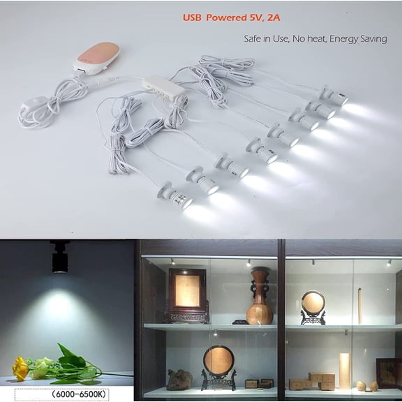 Mini Spot Lights with Dimmer, 8 x 1W 360 ° Rotatable LED Spotlight Jewelry Cabinet Dimmable Wall Light, White Finish Shell (Pack-8, Cold White 6000k)