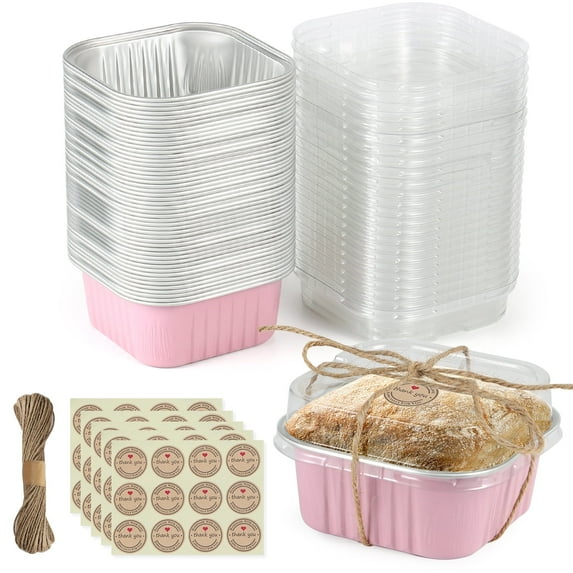 Mini Square Baking Cups with Lids, 50 Pcs Pink 5oz Aluminum Foil Cupcake Tins with Lids, Disposable Ramekins Flan Cake Pans Tins for Souffle, Dessert, Fruit, Wedding, Party Small Cake Containers