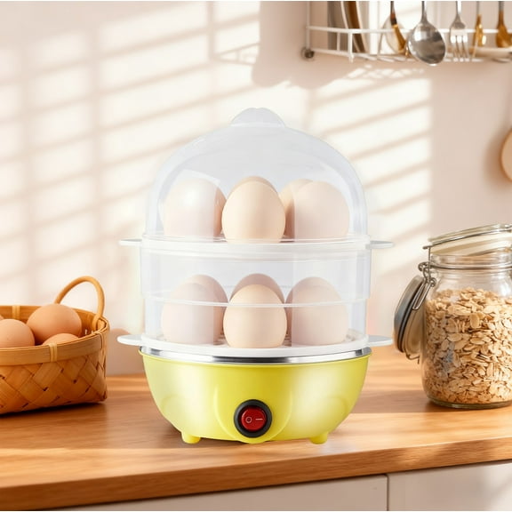 Mini Stainless Steel Egg Cooker - 2 Layer Boiled Egg Maker for 14 Eggs, Quick Breakfast Appliance with Auto Shut-Off, Compact for Home or Office Kitchen
