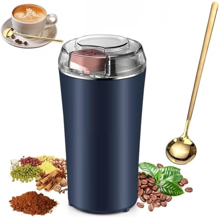 Mini Stainless Steel Electric Grain Grinder, Coffee Bean Grinder, Espresso Machine with Grinder, Low Noise, 8 Blades, One-Touch Operation, Portable Design, Includes Bonus Measuring Spoon (Blue)