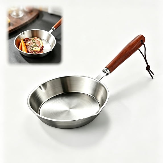 Mini Stainless Steel Frying Pan Skillet Non Stick, Small Egg Pan Compatible with Induction Cooktops, Fast Heating Ergonomic Wood Handle Cooking Pan for Home Kitchen Restaurant
