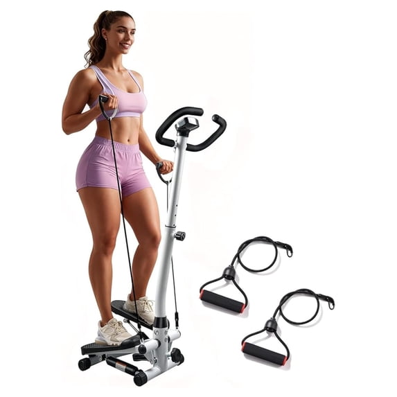 Mini Stair Stepper for Exercise at Home with Adjustable Handlebar & Resistance Bands,Quiet Compact Stair Stepper Machine,LCD Monitor,Portable Indoor Leg/Glute Cardio Fitness, White