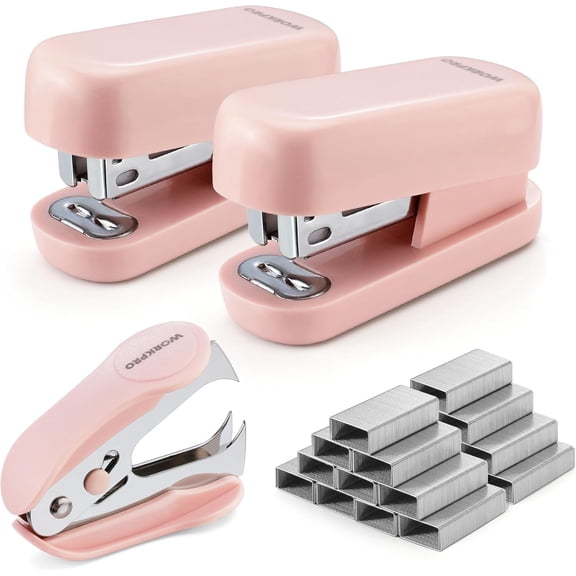 Mini Stapler with Staples, Pink Stapler Set Includes Two Small Staplers, One Staple Remover, 2000 Standard Staples - Cute Staplers for Desk with Non-Slip Base, Lock Design - Pink Ribbon