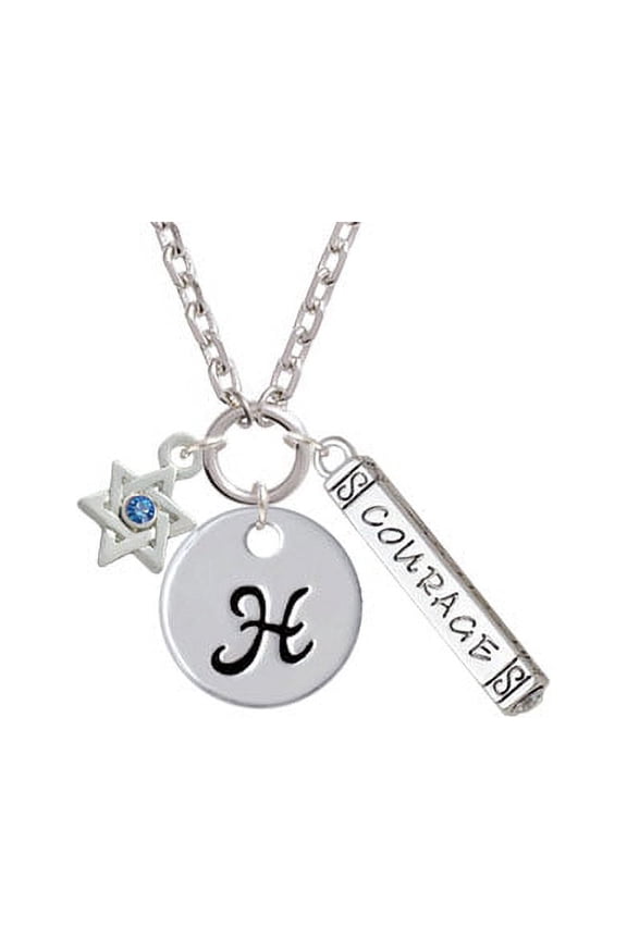 Mini Star of David with Blue Crystal - H - Script Initial Disc Courage Strength Wisdom Zoe Necklace