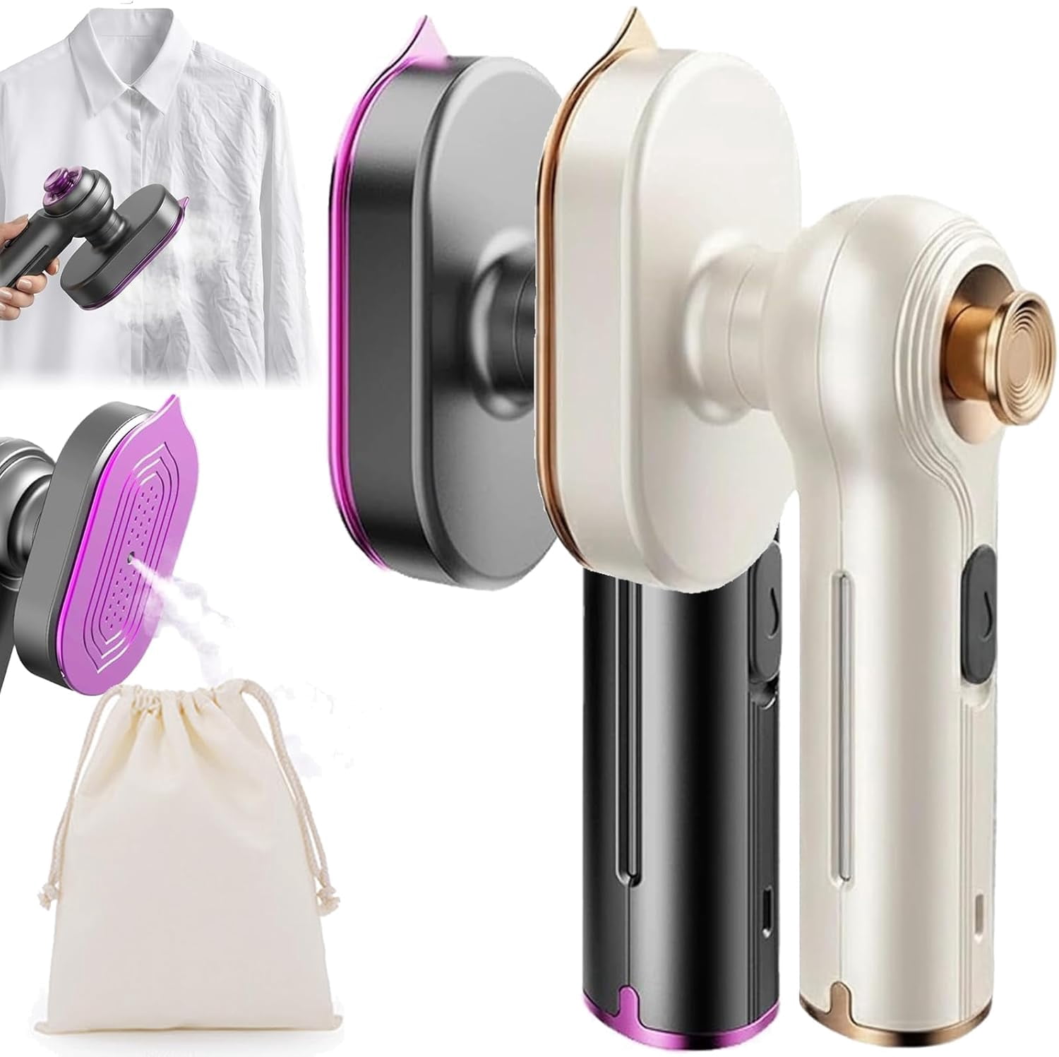 Mini Steam Iron for Clothes, 2 in 1 Handheld Steamer & Iron, Portable Travel Garment Steamer, 15 Seconds Fast Heat Up, Quick Wrinkle Remover for Home, Travel & Dormitory (2Pcs-1)