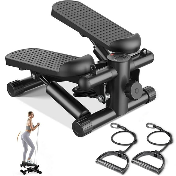 Mini Stepper for Home, Stair Steppers with Resistance Bands for Full Body Exercise, Low Noise and No Assembly Required, 300LBS Capacity, Black