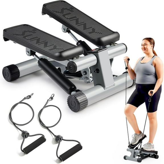 Mini Fitness  Stepper for Home, Stair Steppers with Resistance Bands for Full Body Exercise, Low Noise and No Assembly Required, 300LBS Capacity, Silver